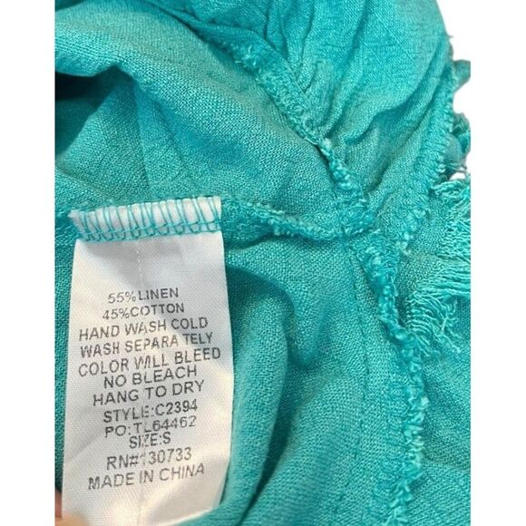 Umgee Small Linen Blend Teal Raw Hem Sleeveless Blouse Side Slits Relaxed Top - Picture 6 of 6